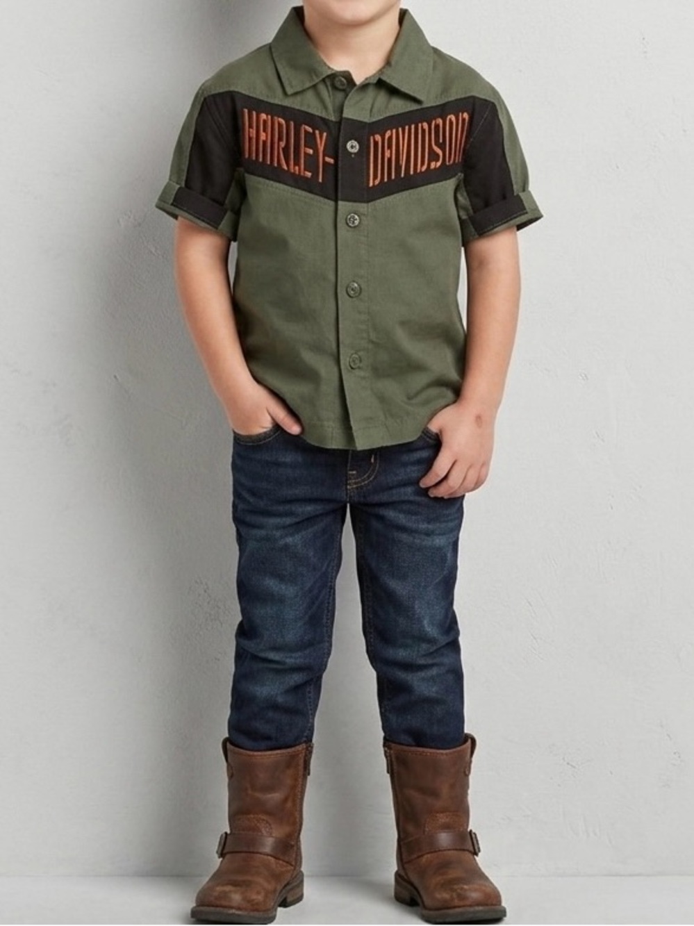 VTG Y2K Harley-Davidson Kid Shirt Youth 5 100% Cotton Olive Green Biker ButtonUp